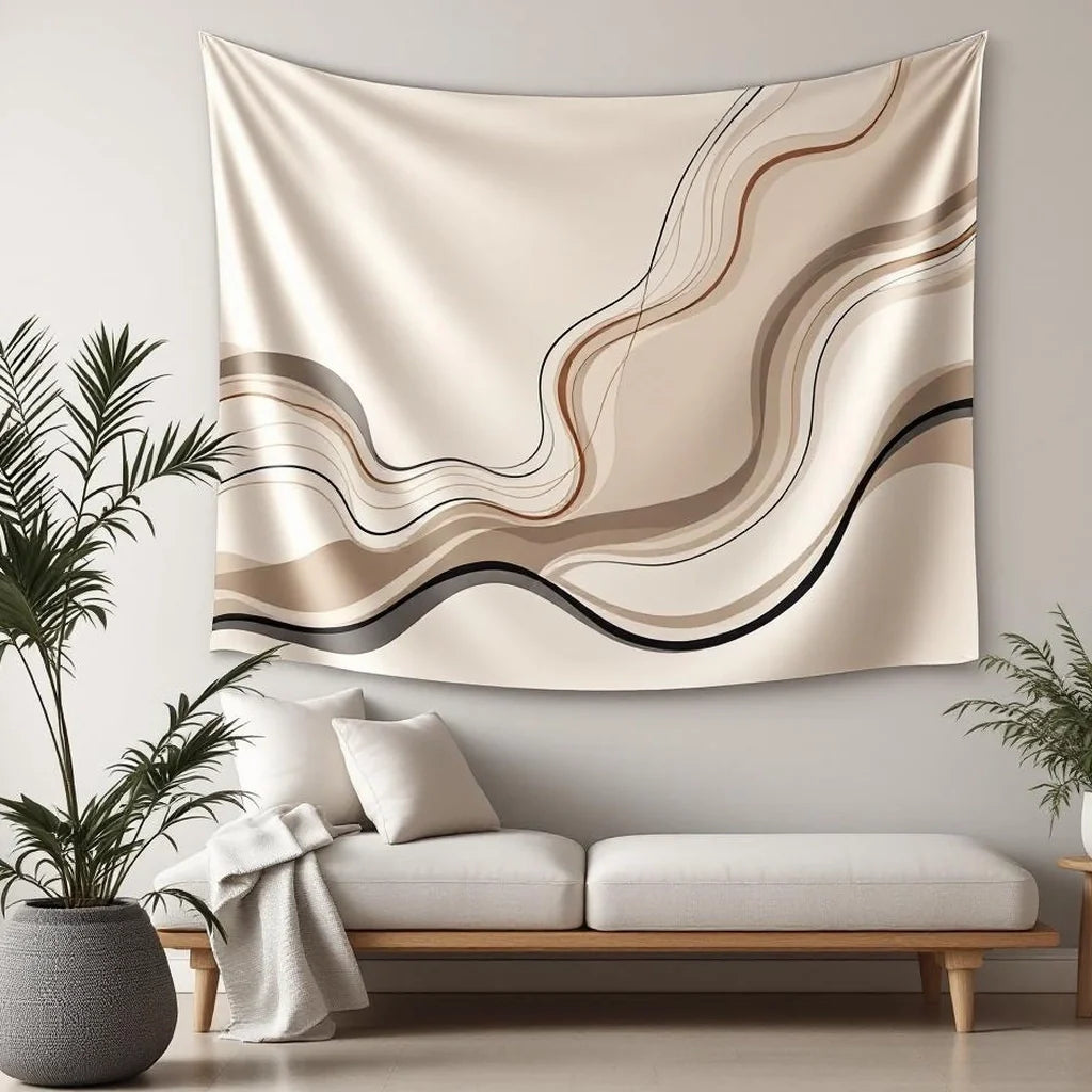 Abstract Line Art Tapestry in Beige