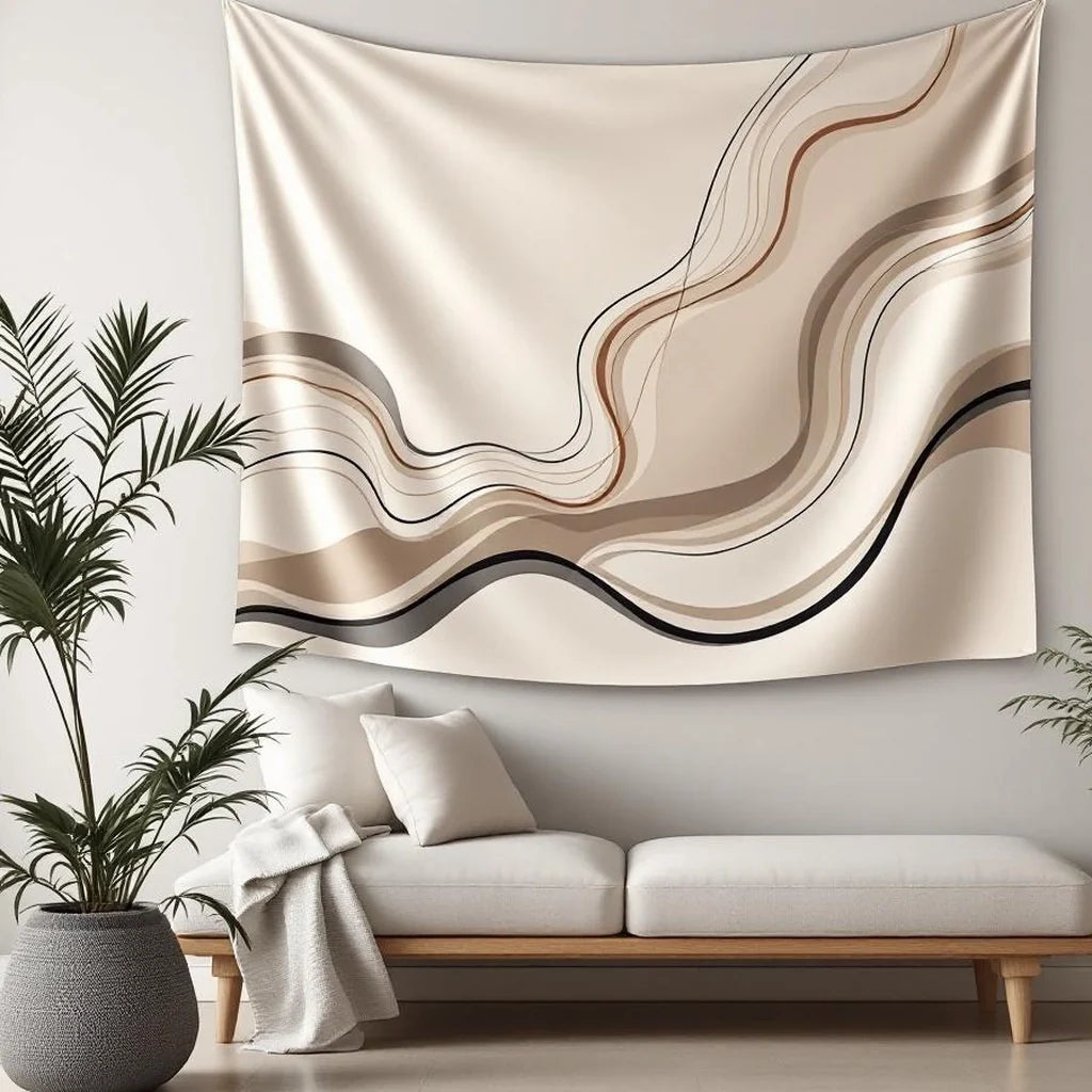Abstract Line Art Tapestry in Beige