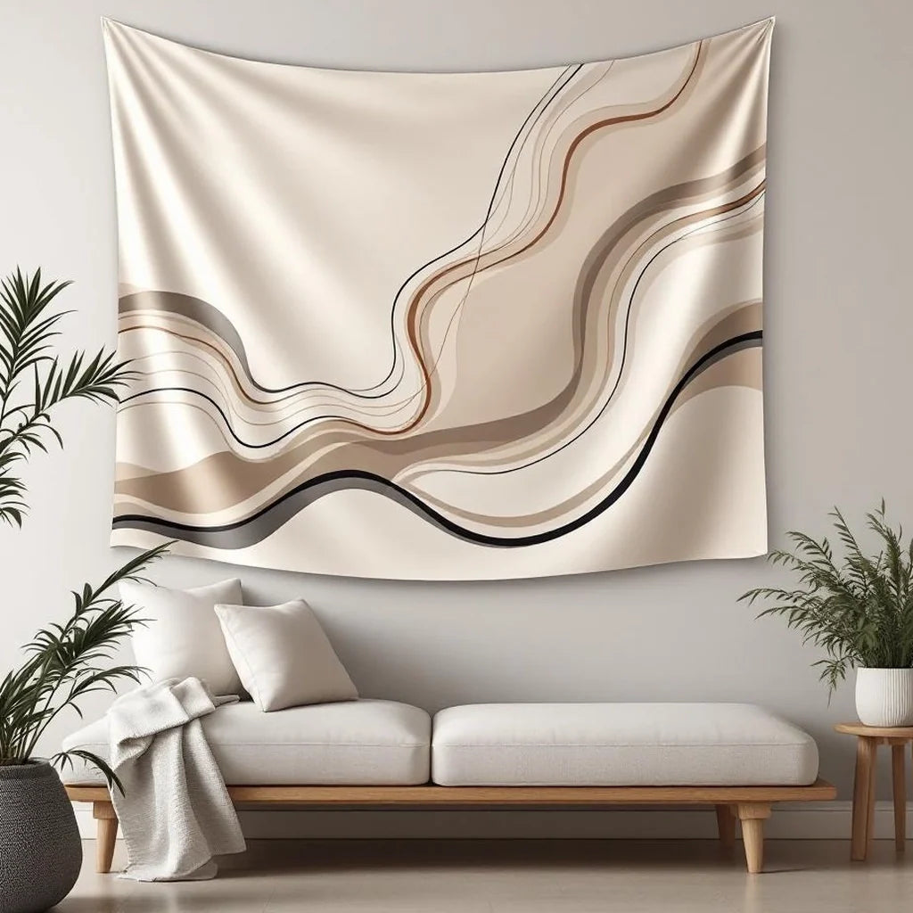 Abstract Line Art Tapestry in Beige