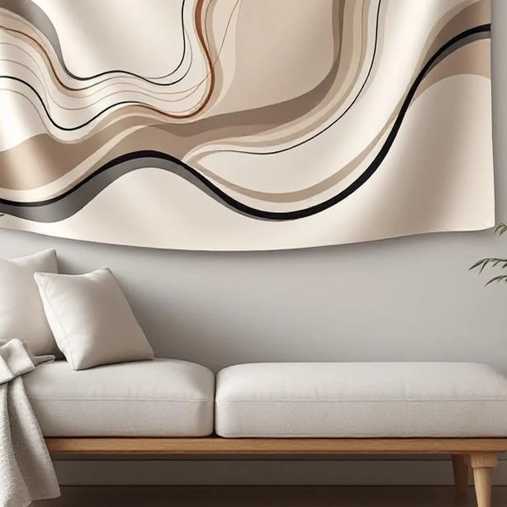 Abstract Line Art Tapestry in Beige