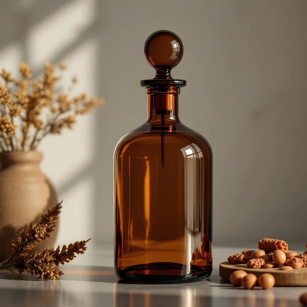 Glass Decorative Bottle with Stopper in Amber