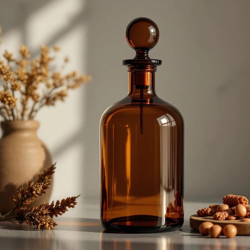 Glass Decorative Bottle with Stopper in Amber